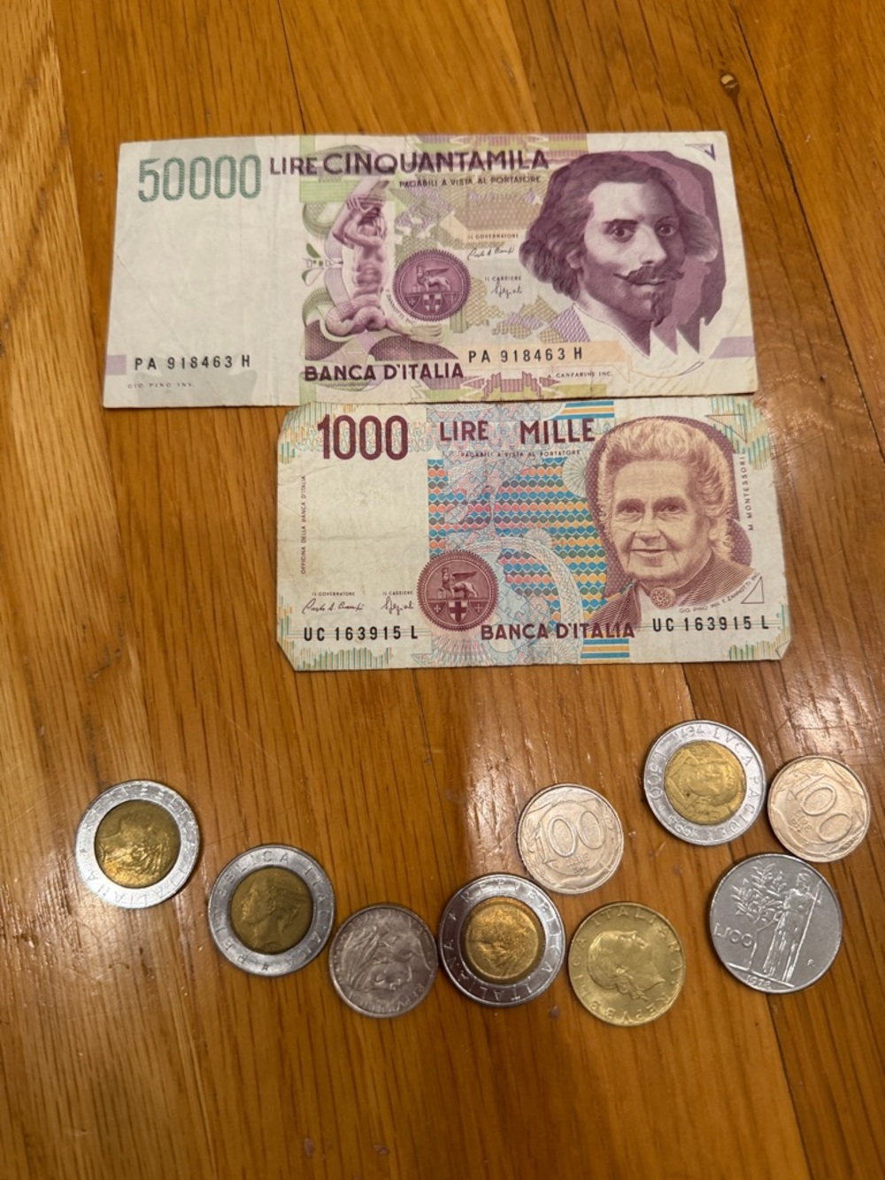 Vintage Italian Lire Banknotes and Mixed Coins - Purple & Tan Accents